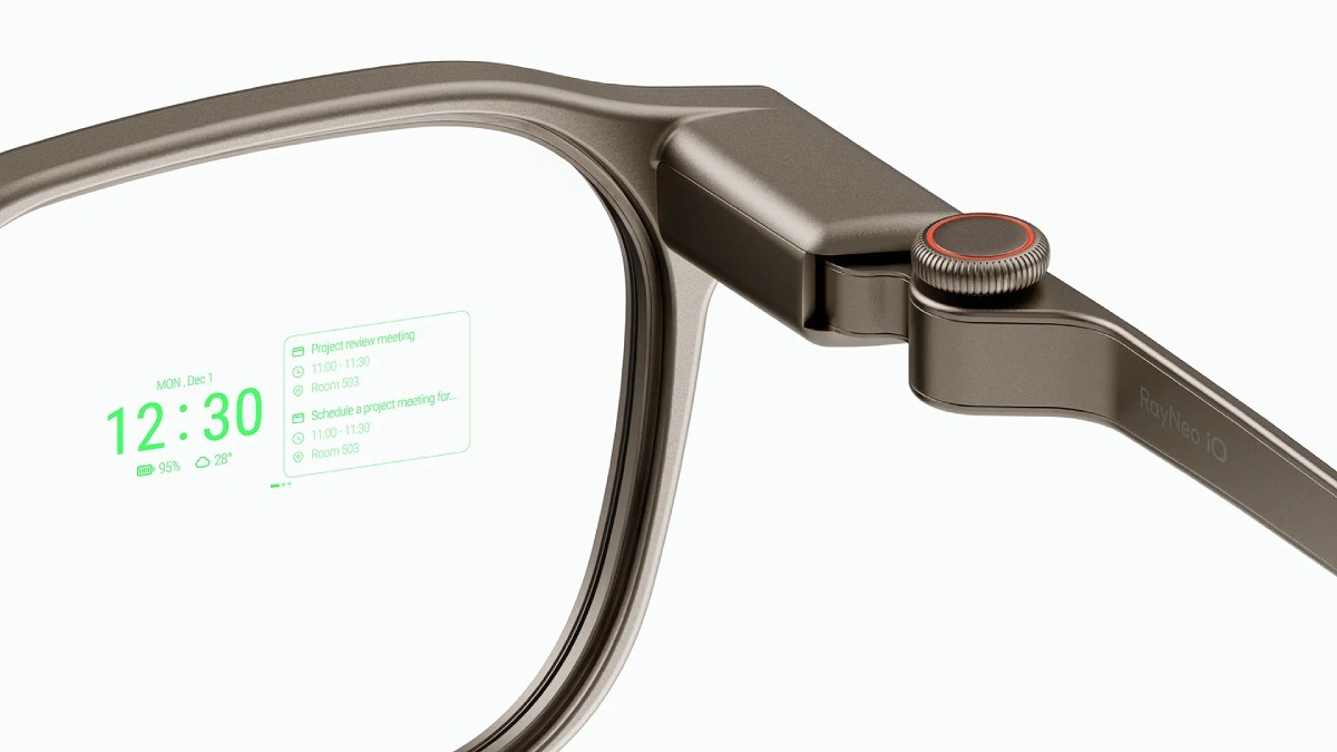 The RayNeo iO glasses have a monochrome display and a smartwatch-like digital crown
