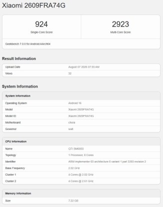 Redmi Note 17 Pro Max (global): Geekbench scorecard