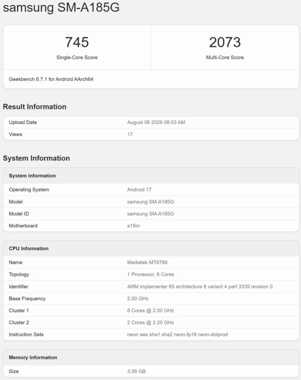 Samsung Galaxy A18 appears on Geekbench with key specs