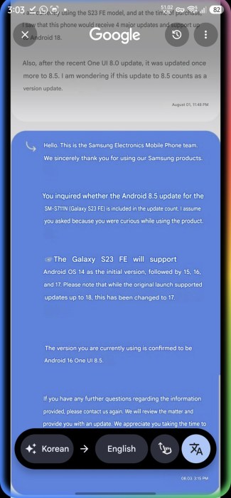 Conversation with a Samsung representative (machine translated from Korean)
