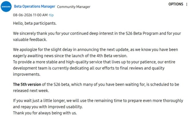 Beta Operations Manager's post on Samsung Community Forum (machine translated from Korean)