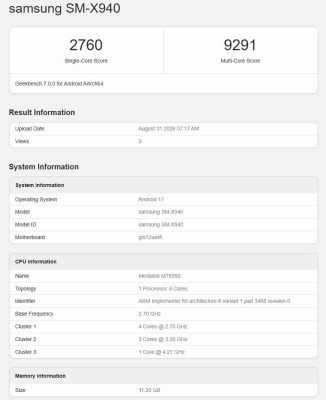 Geekbench 7 results for the Samsung Galaxy Tab S12 Ultra (SM-X940)