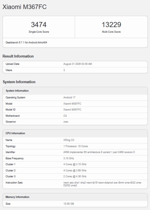 Xiaomi Pad 9 Pro Max Geekbench test run