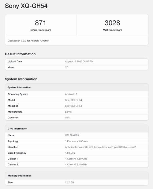 Xperia 10 VIII (XQ-GH54) Geekbench 7 test run