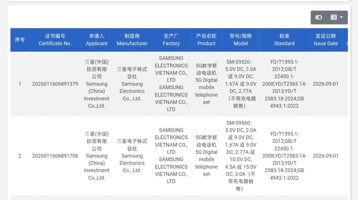 Samsung Galaxy S27 and S27+ bag 3C certification, charging speeds revealed