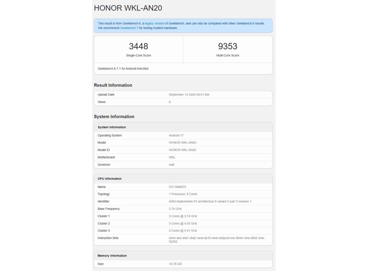 Honor Magic9 Pro Max runs Geekbench, reveals its chipset and RAM amount