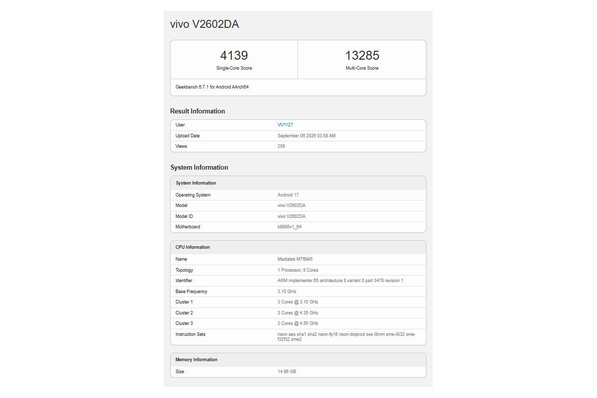 MediaTek Dimensity 9600 on Geekbench