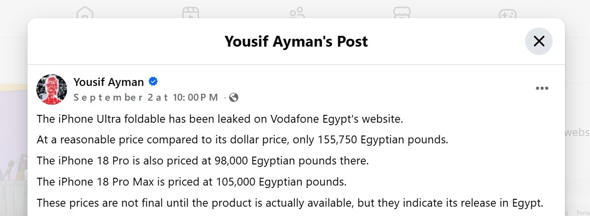 Yousif Ayman’s post about the iPhone 18 Pro and iPhone Ultra pricing (machine translated)