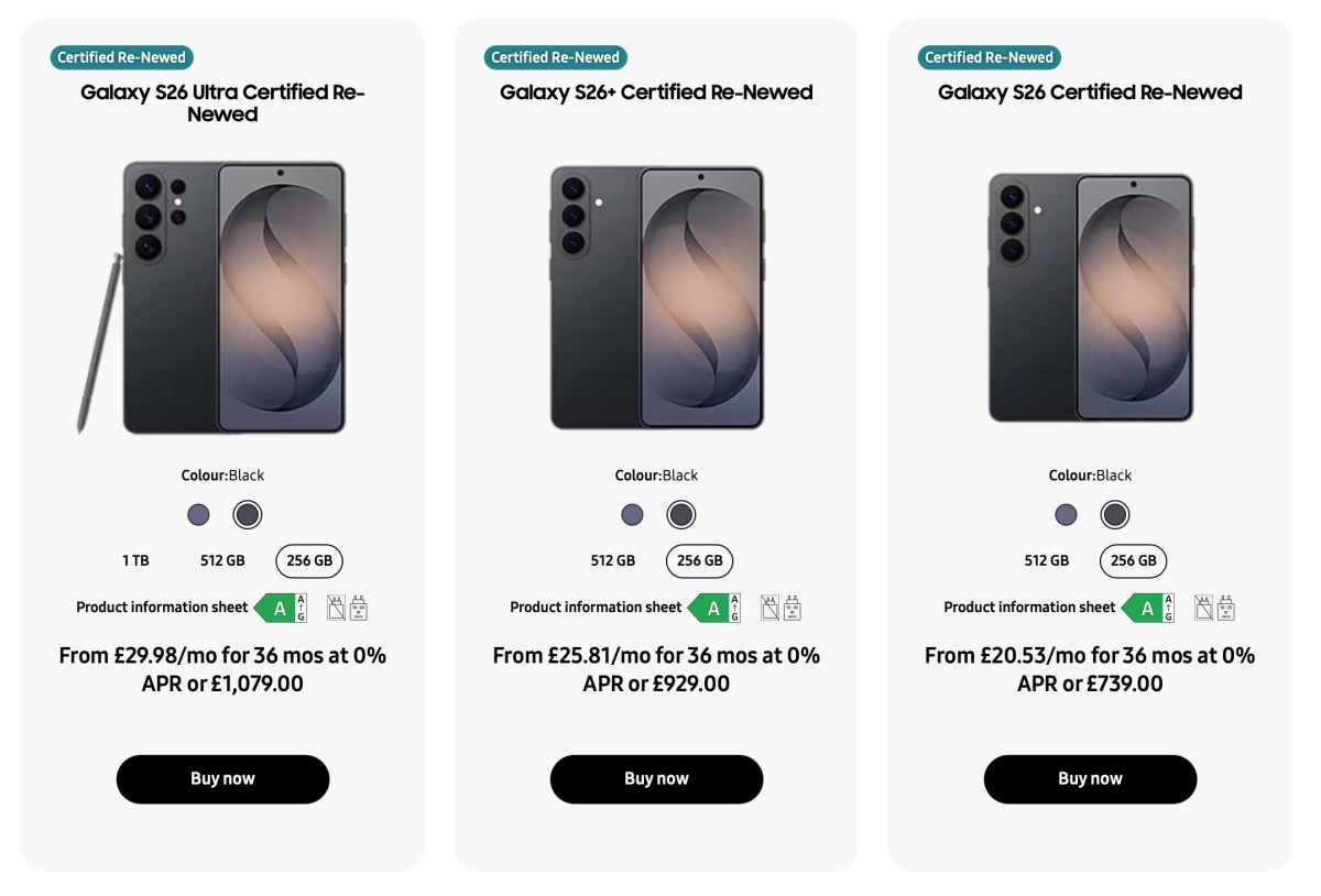 Samsung starts selling Certified Re-Newed Galaxy S26, S26+, and S26 Ultra in the UK