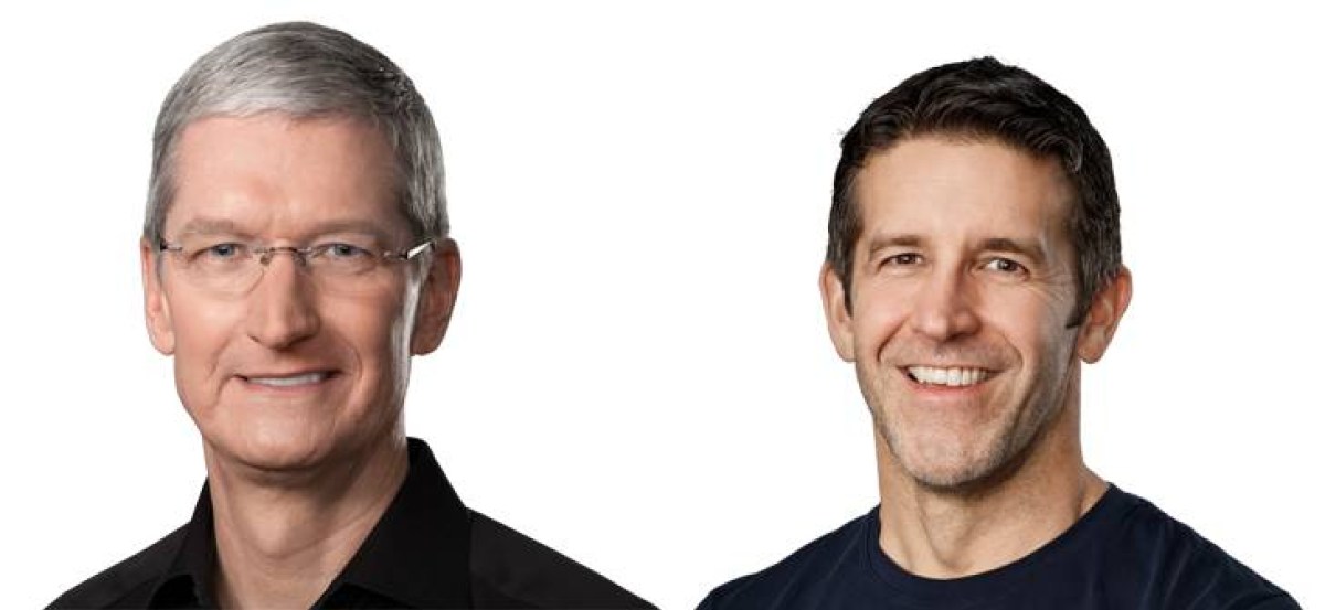 Departing CEO Tim Cook (left) and Apple’s new chief, John Ternus (right)