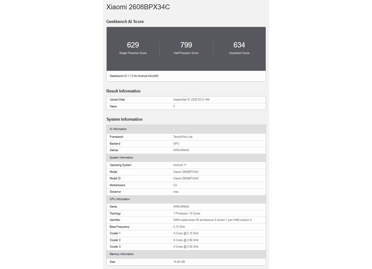 Xiaomi 18 Fold surfaces in benchmark, confirming its chipset and RAM amount