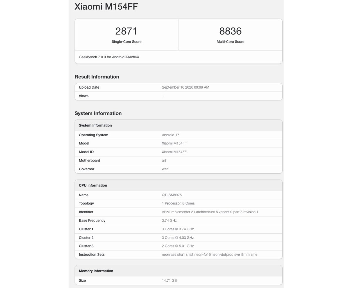 Xiaomi 18 Pro runs Geekbench confirming its chipset