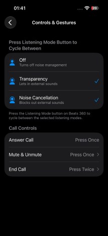 Beats 360 settings on iOS