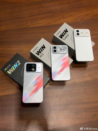 Honor Win2, Win2 RT, and Win Turbo2 renders (left) and live images (right)