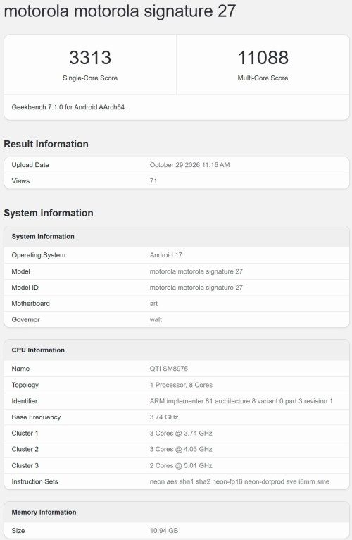 Motorola Signature 27 flexes muscle on Geekbench ahead of November 5 launch