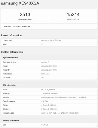 Samsung Googlebook (XE940XSA) result on Geekbench 7.1.0