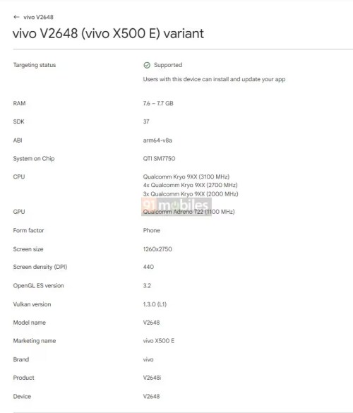 vivo X500 E on Google Play Console