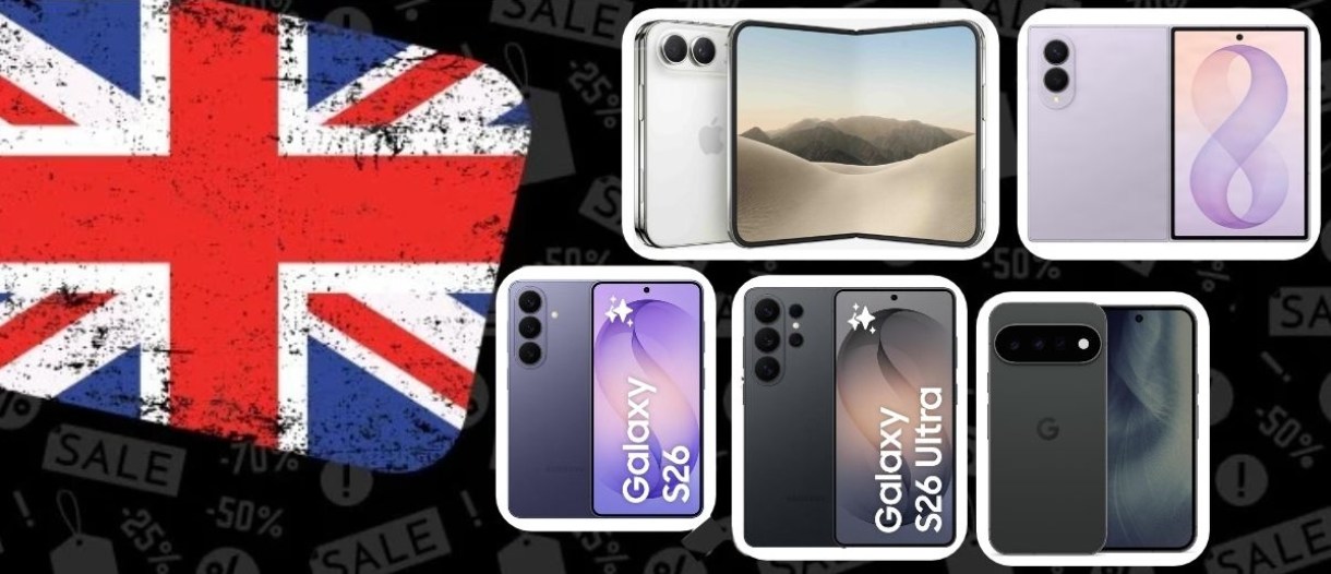 Several smartphones displayed against a United Kingdom flag backdrop