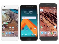 From left to right: Google Pixel, HTC 10, and Pixel XL - Google Pixel review
