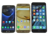 The S7 edge next to S6 edge and iPhone 6s Plus - Samsung Galaxy S7 Edge review