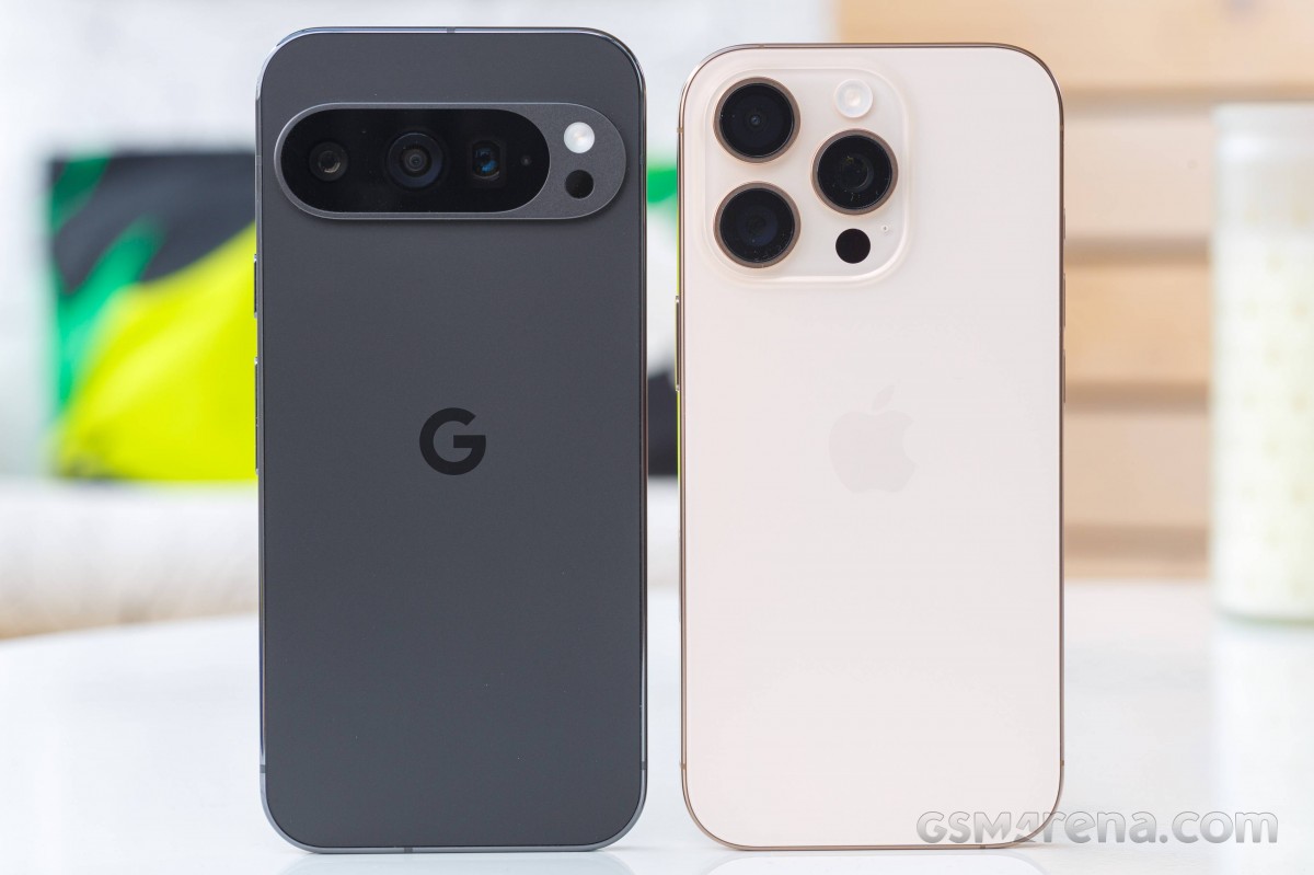 Pixel 9 Pro (left) next to iPhone 16 Pro