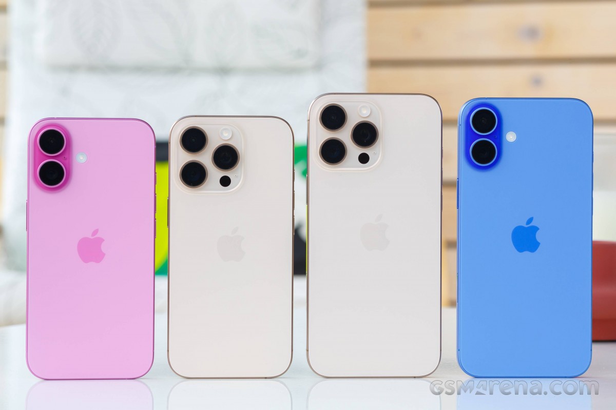 Left to right: iPhone 16, iPhone 16 Pro, iPhone 16 Pro Max, iPhone 16 Plus