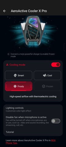 AeroActive Cooler X Pro settings - Asus ROG Phone 9/9 Pro review