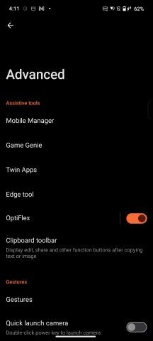 Advanced settings menu - Asus ROG Phone 9/9 Pro review