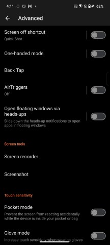 Advanced settings menu - Asus ROG Phone 9/9 Pro review