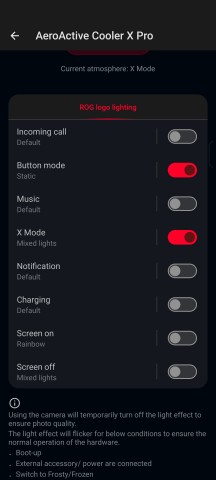 X Mode+ and AeroActive Cooler X settings - Asus ROG Phone 9/9 Pro review