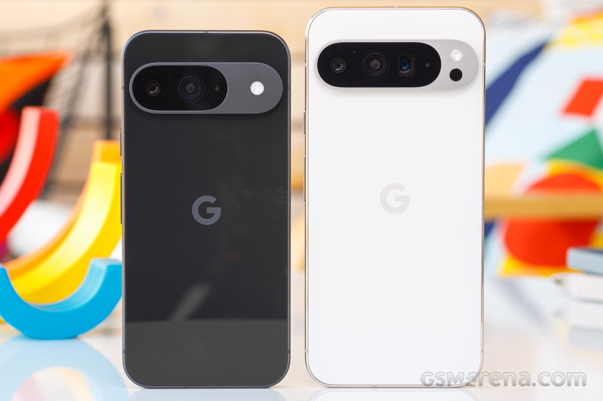 Pixel 9 (left, standing in for the 9 Pro) next to Pixel 9 Pro XL