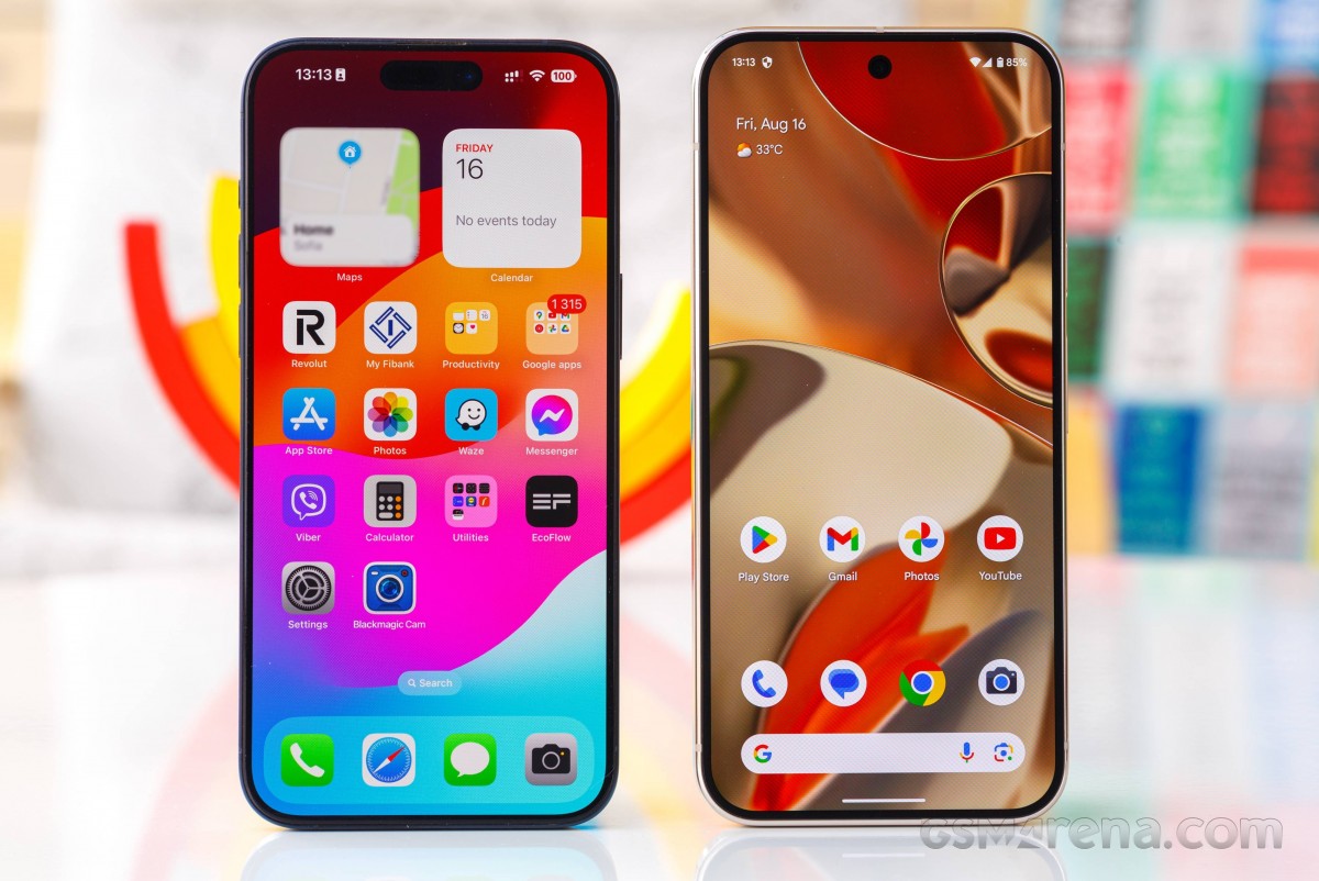 iPhone 15 Pro Max (left) next to Pixel 9 Pro XL