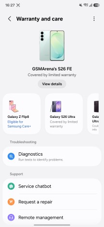 New Warranty and Care menu - Samsung Galaxy S26 FE review