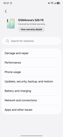 New Warranty and Care menu - Samsung Galaxy S26 FE review