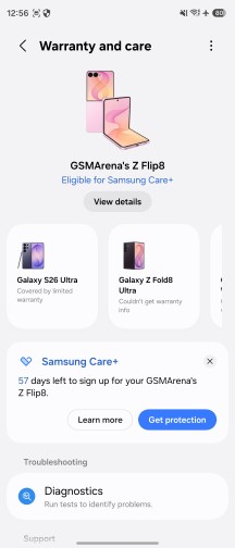 Warranty and service menu - Samsung Galaxy Z Flip8 review