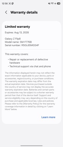 Warranty and service menu - Samsung Galaxy Z Flip8 review