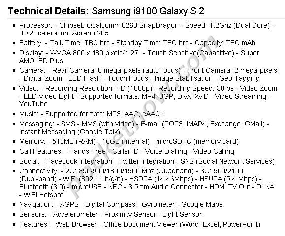 Sam Galaxy S2 I9100 16gb Gsm Phone - Whi 