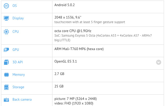 galaxy tab s2 9.7 specs